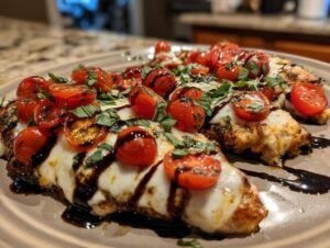 Close-up of juicy caprese chicken breasts topped with melted mozzarella, halved cherry tomatoes, and basil.