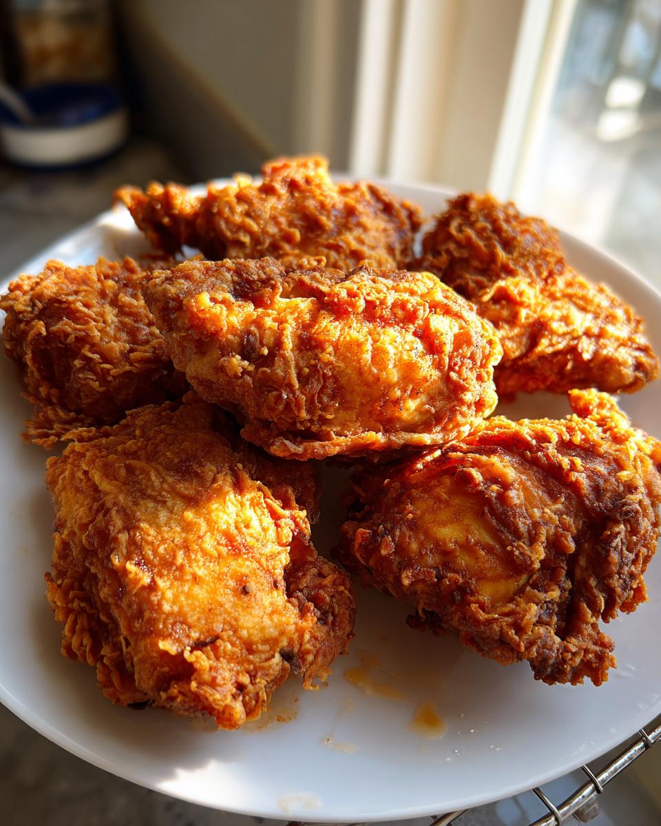 A close-up of several pieces of golden-brown, crispy fried chicken piled on a white plate.