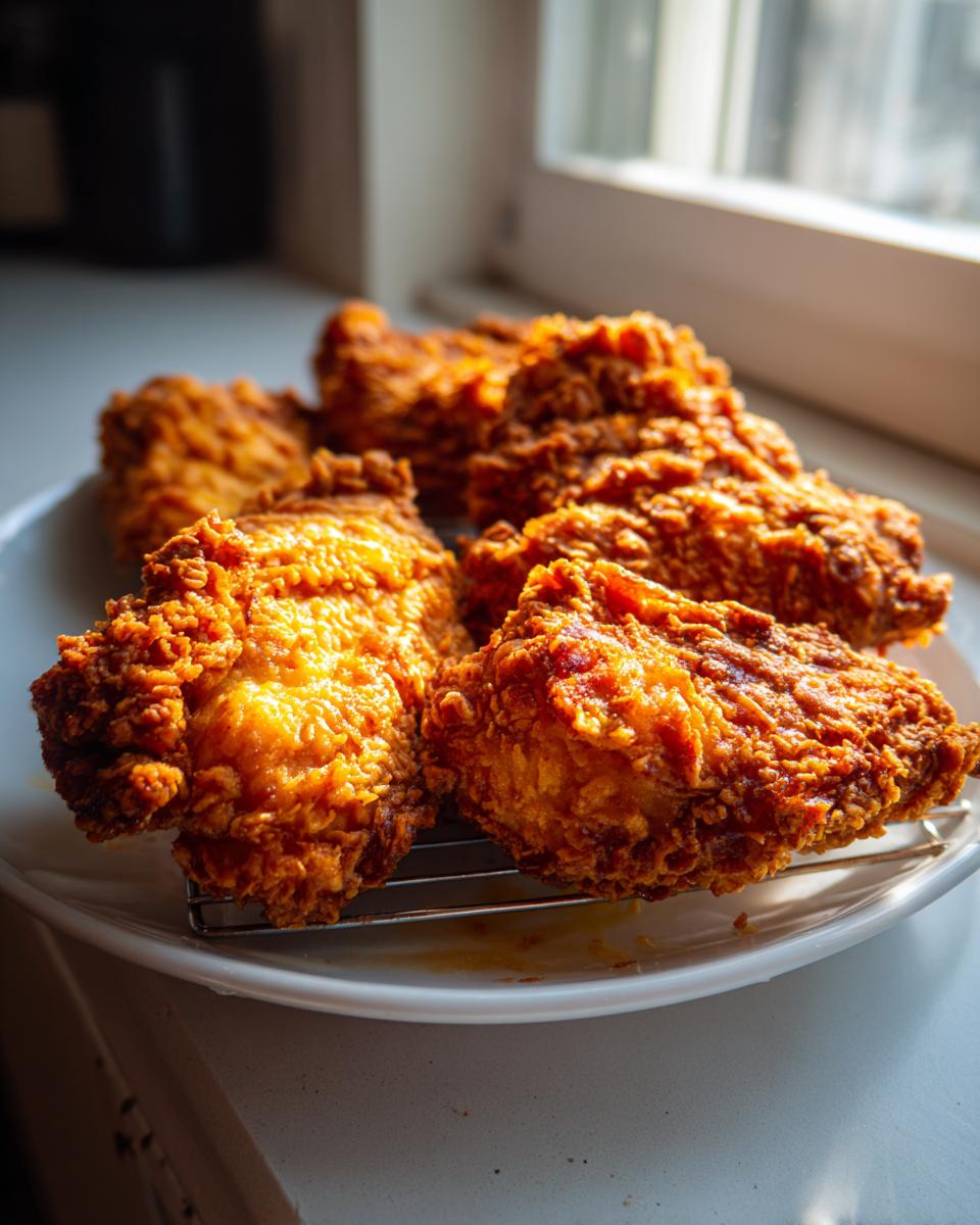 Close-up of golden brown, crispy fried chicken pieces resting on a small wire rack on a white plate.
