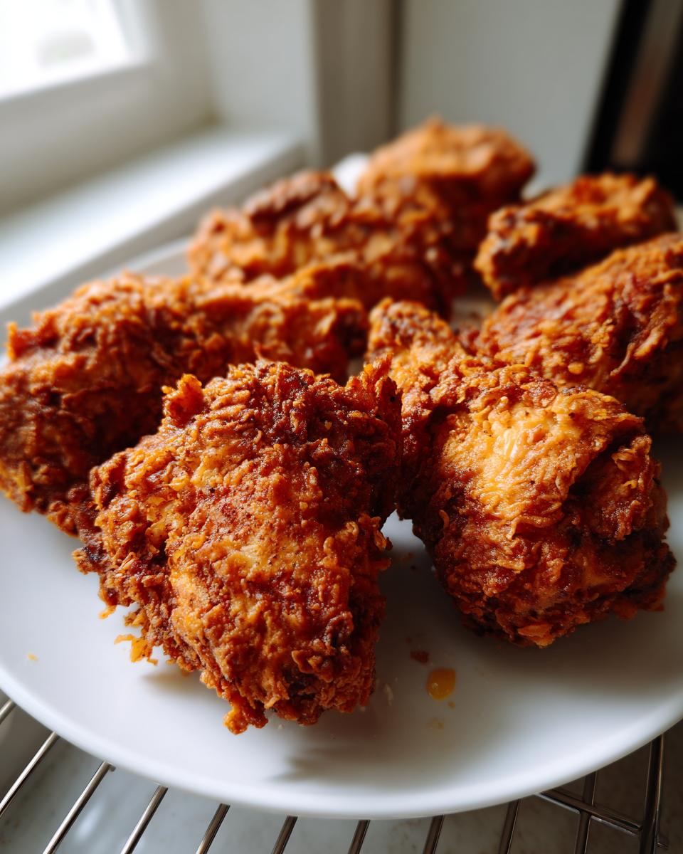 Close-up of several pieces of golden-brown, crispy fried chicken resting on a white plate.