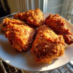 Close-up of five pieces of perfectly golden brown, crispy fried chicken resting on a white plate.
