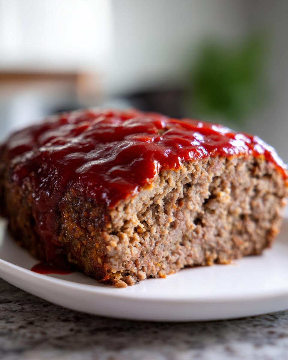 Close-up of a thick slice of juicy meatloaf topped with a generous layer of bright red ketchup glaze.