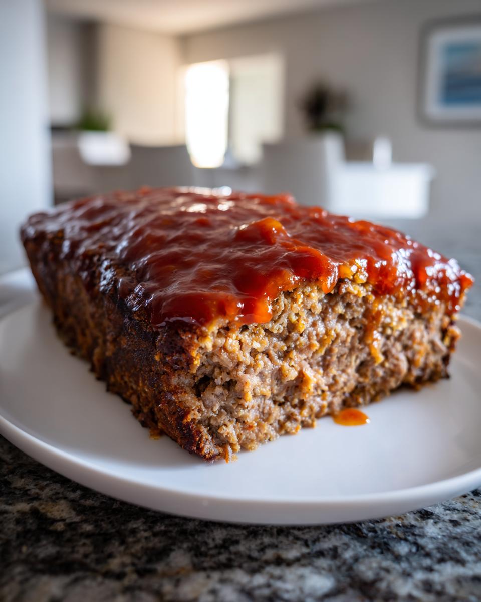 A thick slice of juicy meatloaf topped with a shiny, thick layer of ketchup glaze, resting on a white plate.