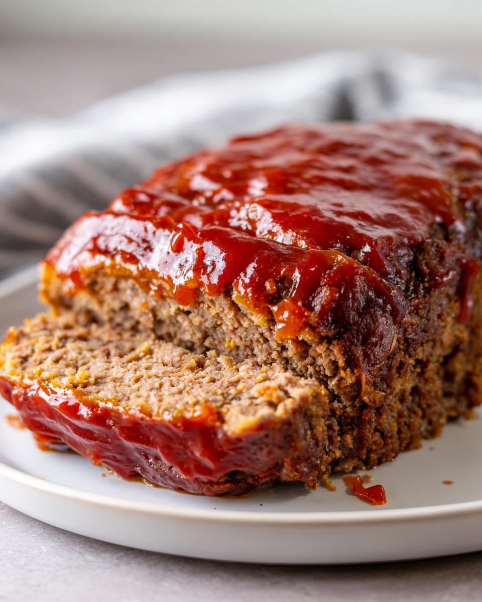 A thick slice of juicy meatloaf topped generously with a shiny, red ketchup glaze, resting on a white plate.