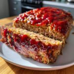 A thick slice of juicy meatloaf topped with a glossy, sweet red glaze, sitting next to the main loaf.