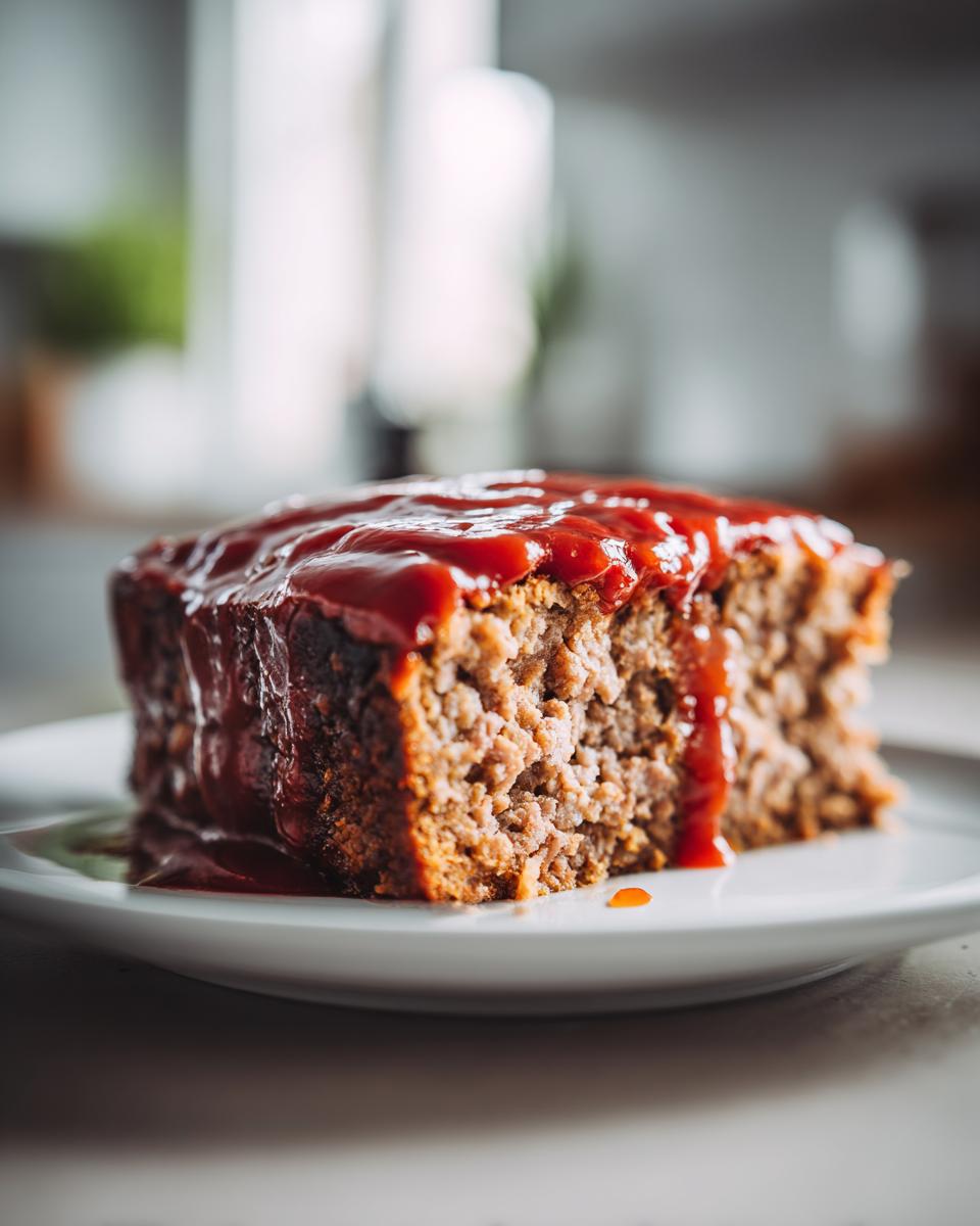 Close-up of a thick slice of juicy meatloaf topped with dripping red ketchup glaze on a white plate.