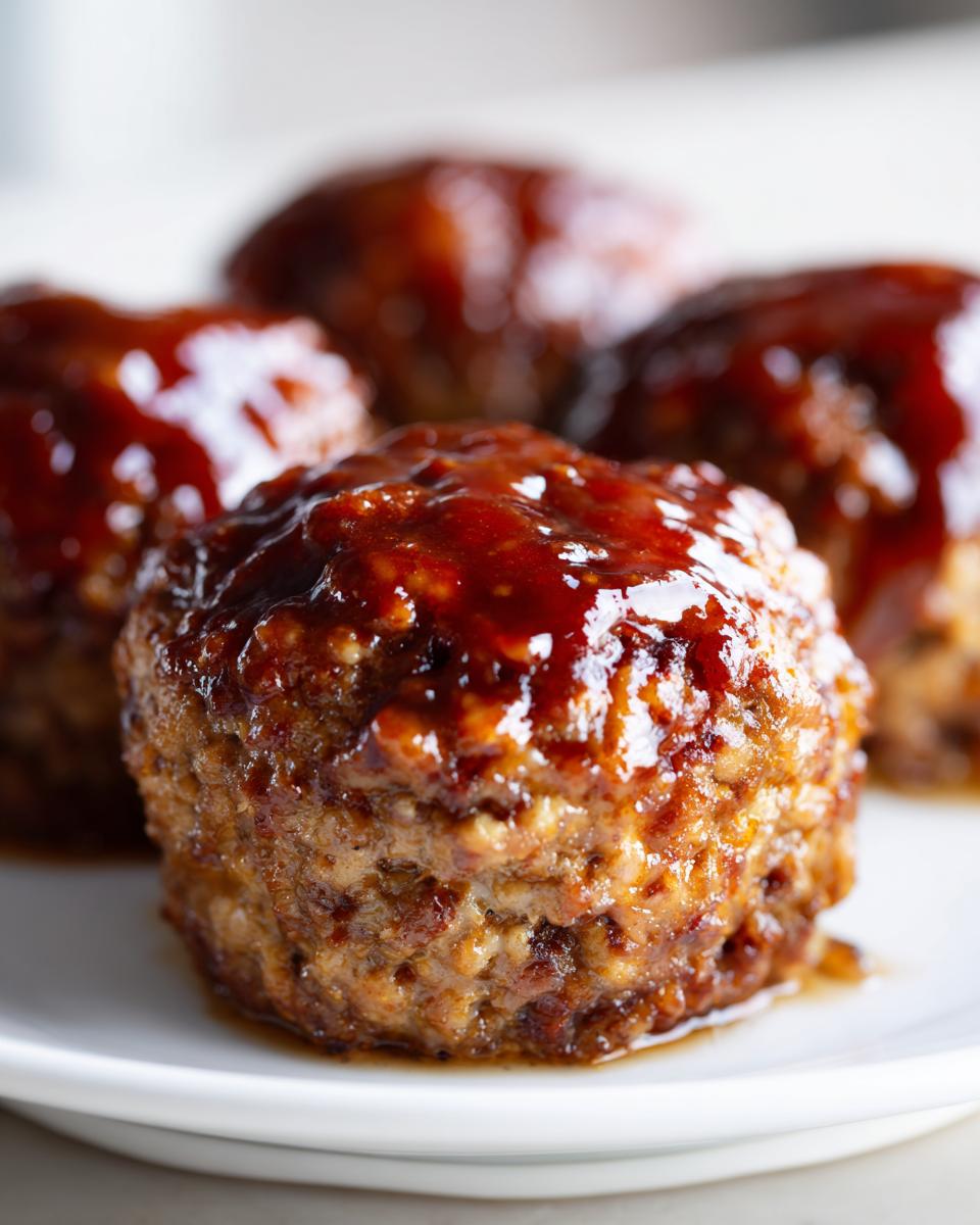 Close-up of a perfectly baked, juicy mini meatloaf topped with a thick, shiny brown glaze.