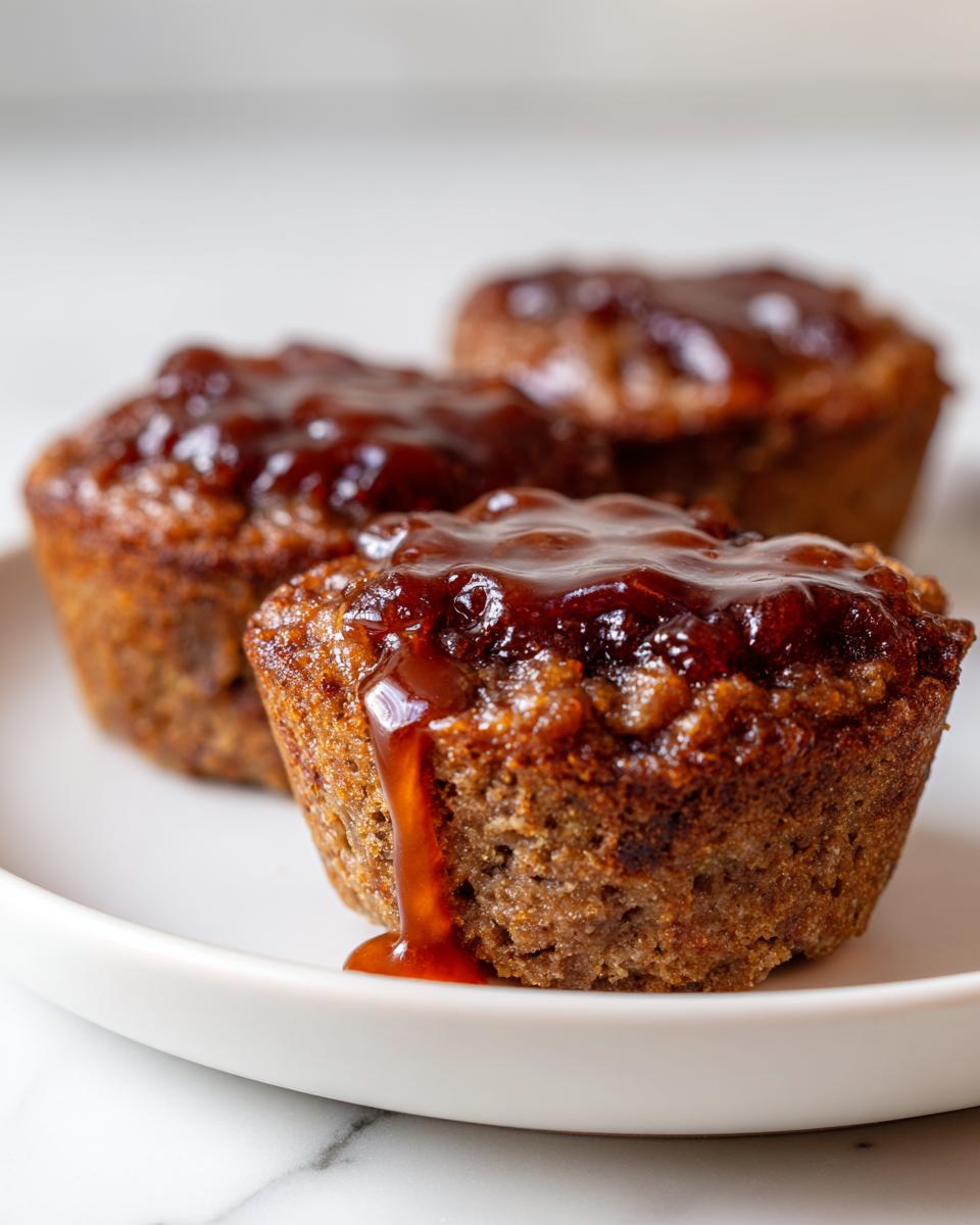 Three perfectly baked mini meatloaf portions topped with a thick, dripping brown glaze on a white plate.