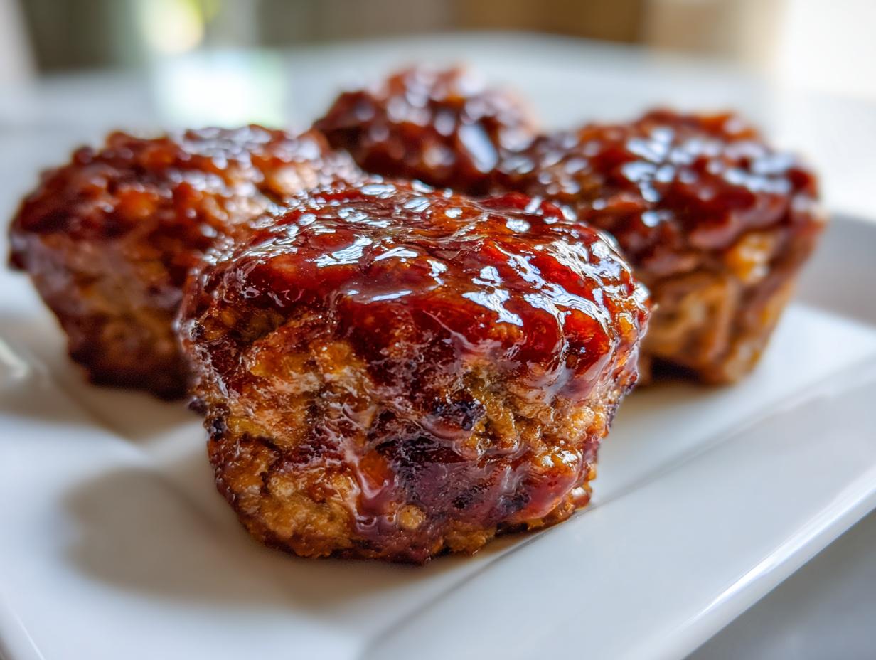 Close-up of three glazed mini meatloaf portions sitting on a white rectangular plate.