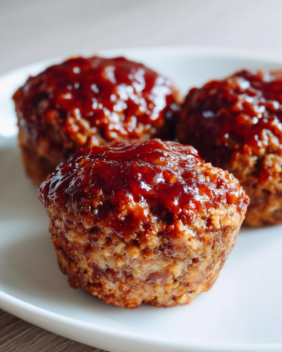 Close-up of three perfectly baked mini meatloaf portions topped with a shiny, dark red glaze.