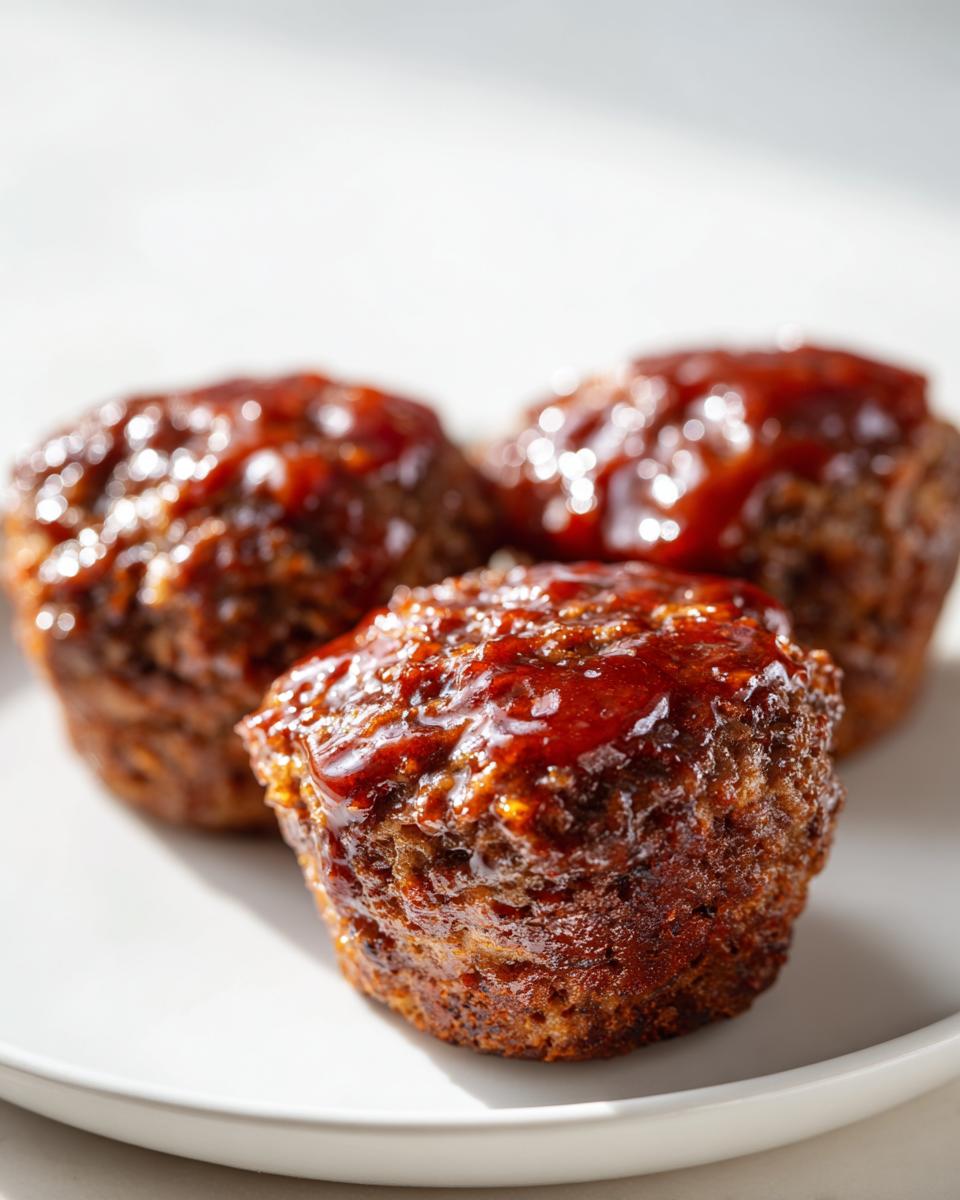 Three perfectly baked mini meatloaf muffins topped with a shiny, thick glaze, served on a white plate.