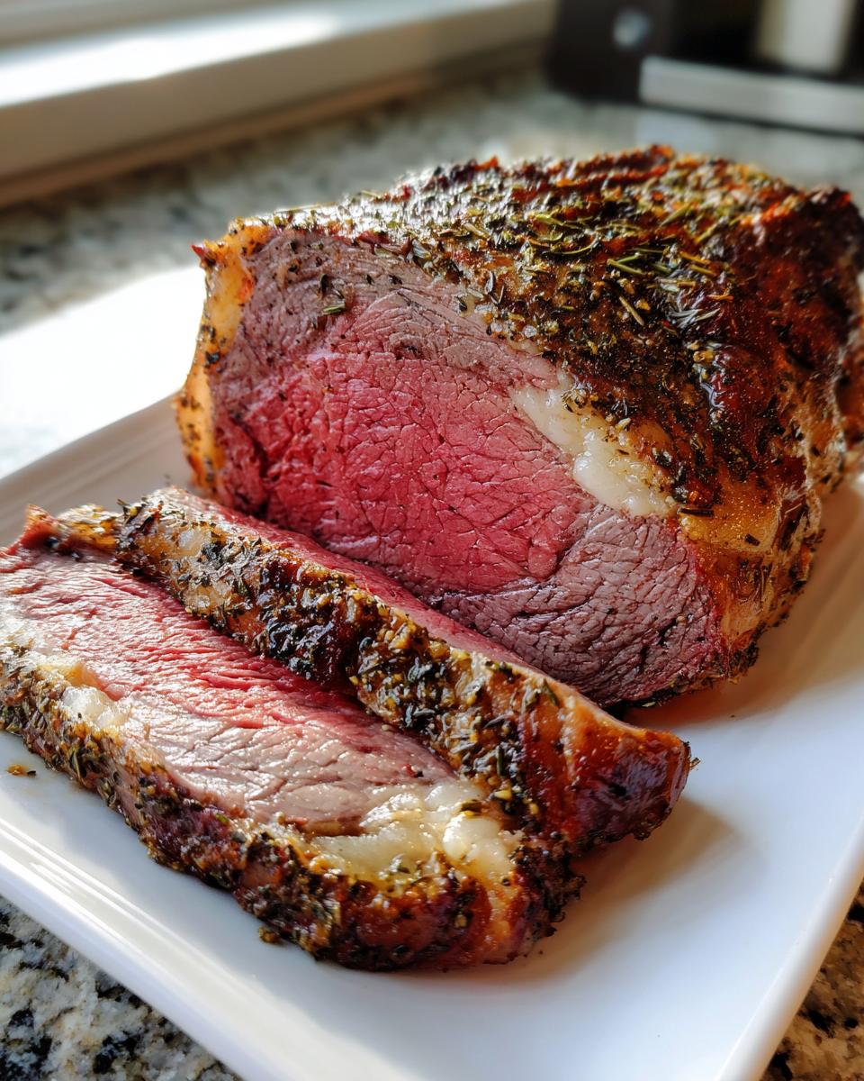 A juicy, medium-rare prime rib roast oven, sliced to show the pink interior and herb crust.