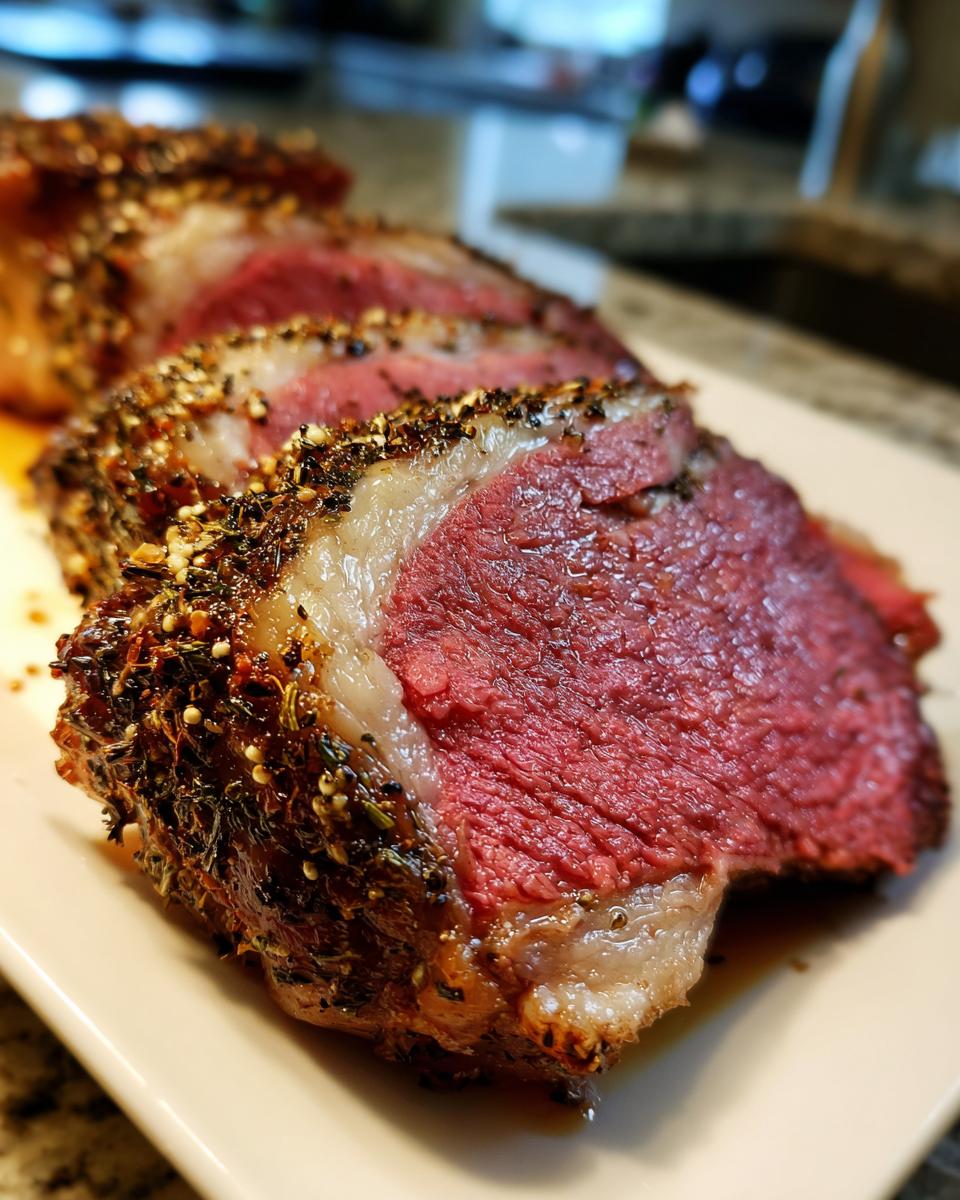 Close-up of perfectly cooked, medium-rare prime rib roast oven slices with a thick, seasoned crust.