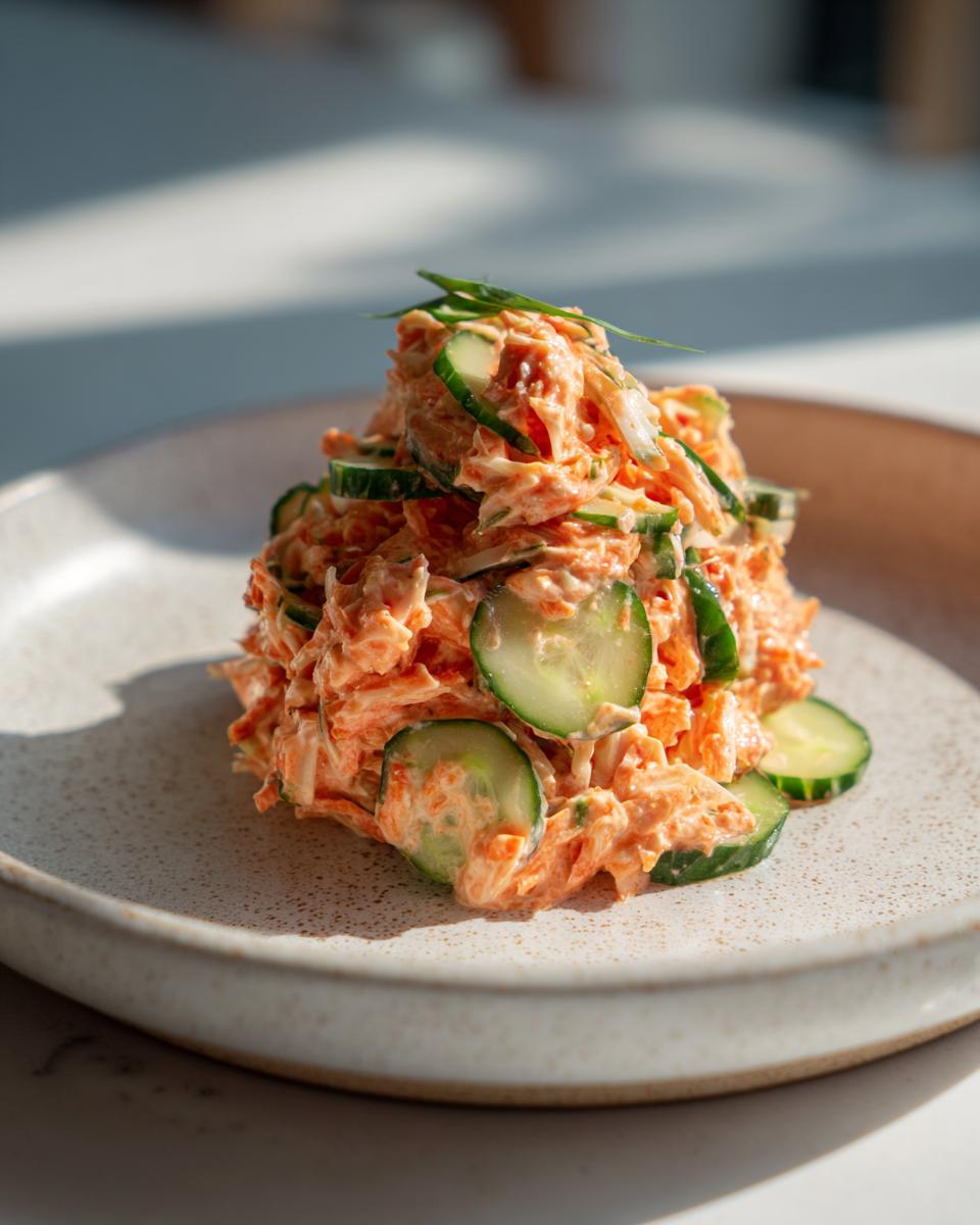 A mound of creamy, orange-tinted kani salad mixed with sliced cucumbers, served on a speckled beige plate.
