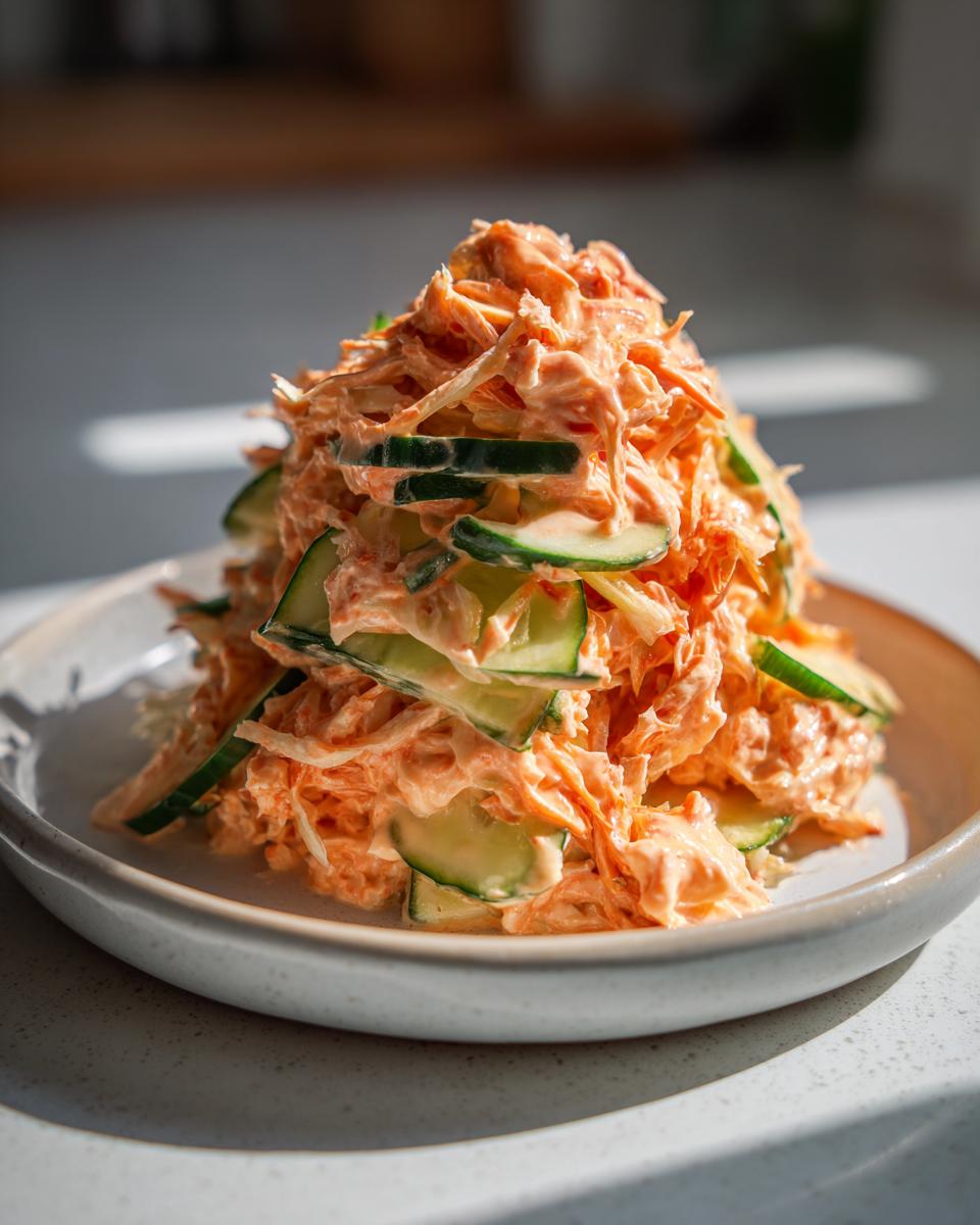 A tall mound of creamy, shredded kani salad mixed with sliced cucumbers served on a light ceramic plate.