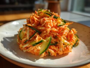 A mound of bright orange and white kani salad mixed with thin slices of green cucumber on a light-colored plate.