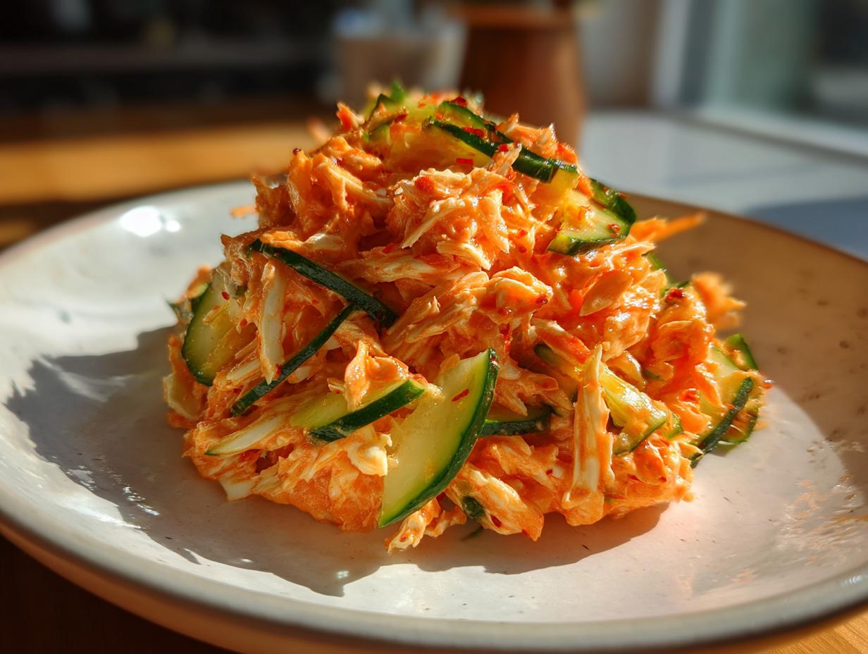 A mound of bright orange and white kani salad mixed with thin slices of green cucumber on a light-colored plate.