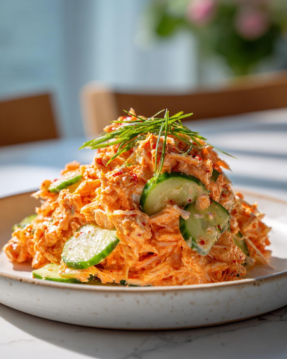 A mound of creamy, orange-tinted kani salad garnished with fresh cucumber slices and chives.