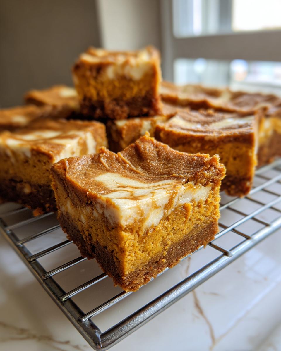 A close-up of a square keto pumpkin cheesecake bar with a marbled cream cheese swirl, resting on a wire cooling rack.