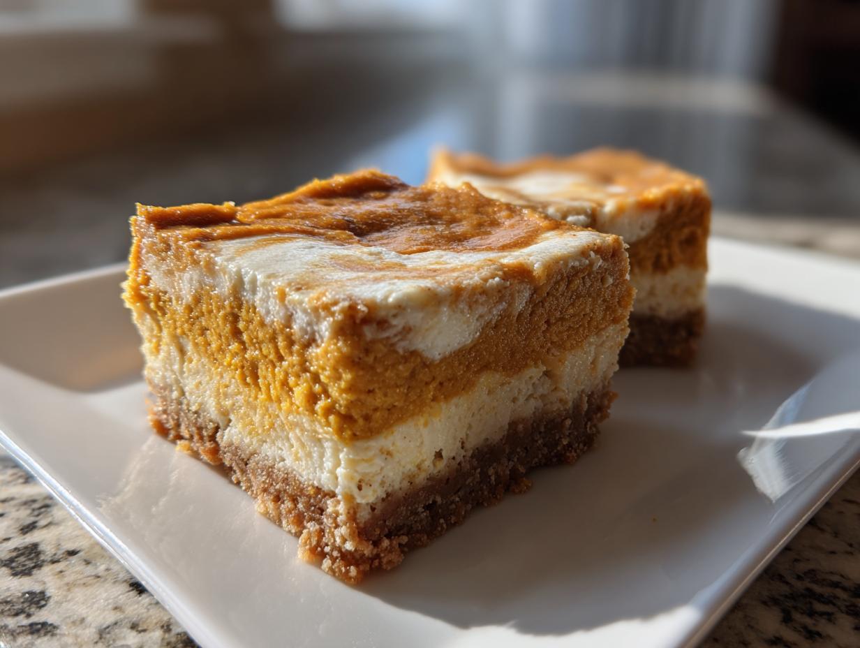 Two squares of rich keto pumpkin cheesecake with a marbled top, resting on a white plate.
