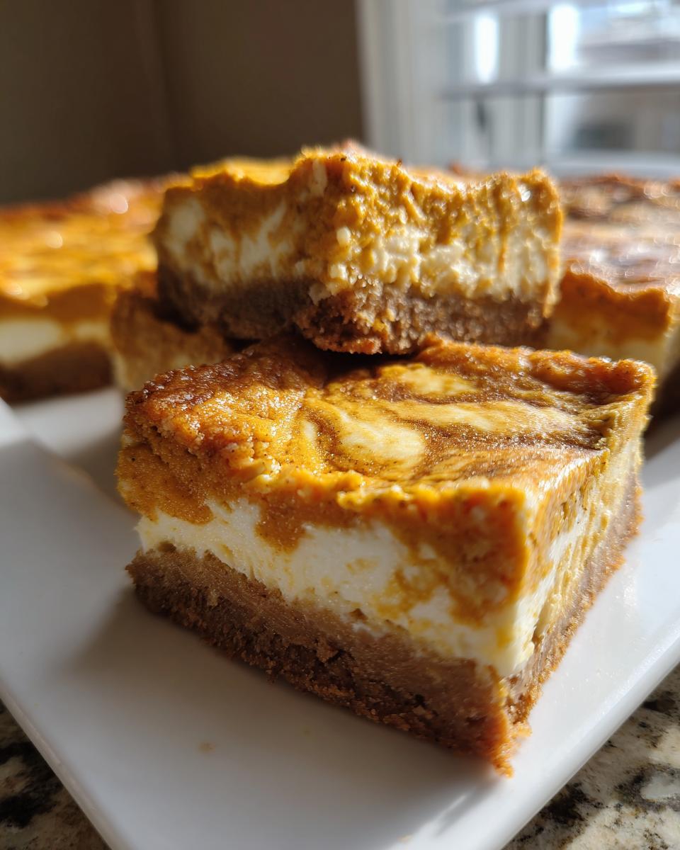 Close-up of creamy keto pumpkin cheesecake bars showing distinct layers of crust and swirled filling.
