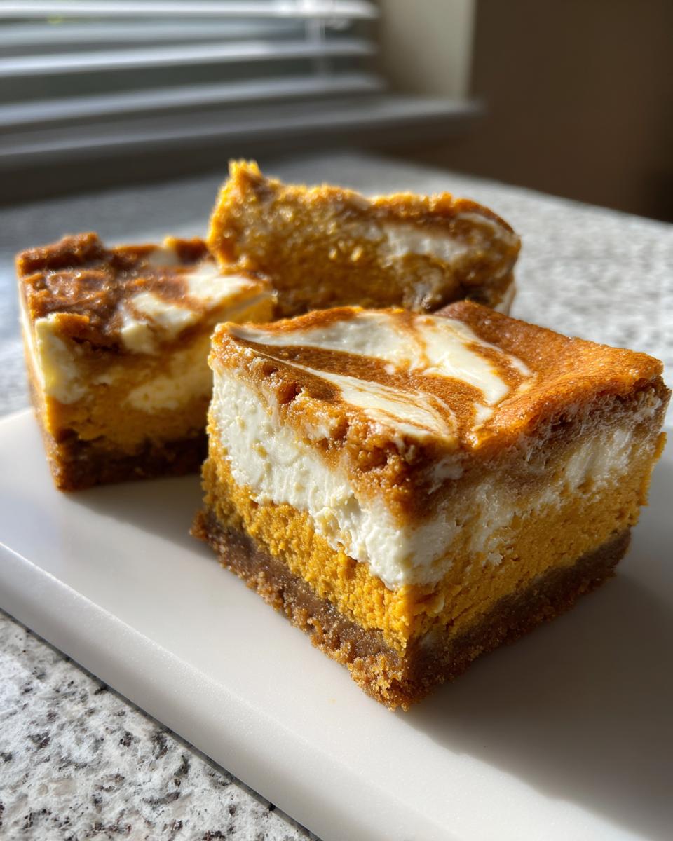 Three squares of keto pumpkin cheesecake bars with a marbled cream cheese swirl on top.