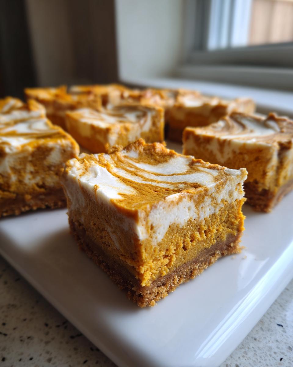 A close-up shot of a square keto pumpkin cheesecake bar showing the crust, pumpkin layer, and marbled cream cheese topping.