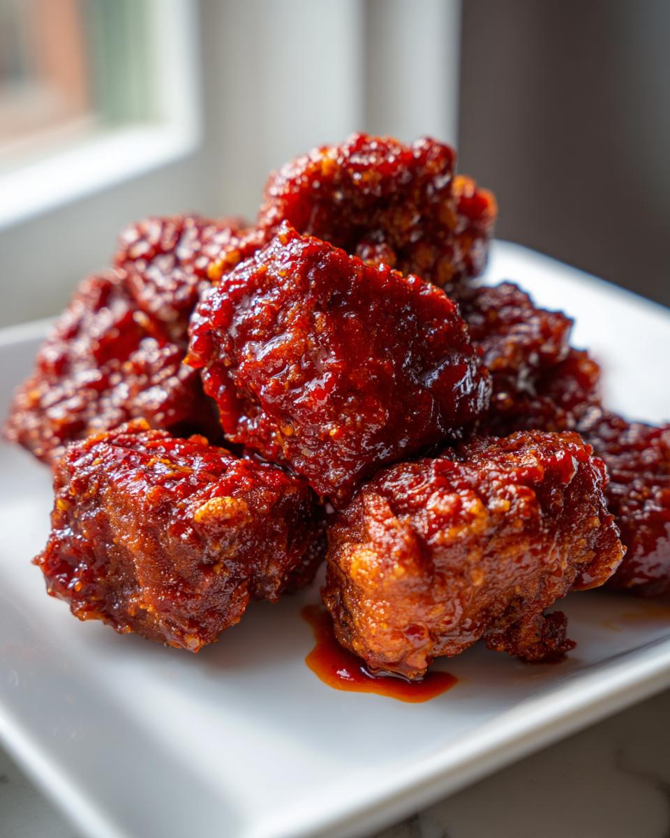 A pile of crispy korean fried chicken recipe pieces coated in a thick, glossy, dark red spicy sauce on a white plate.