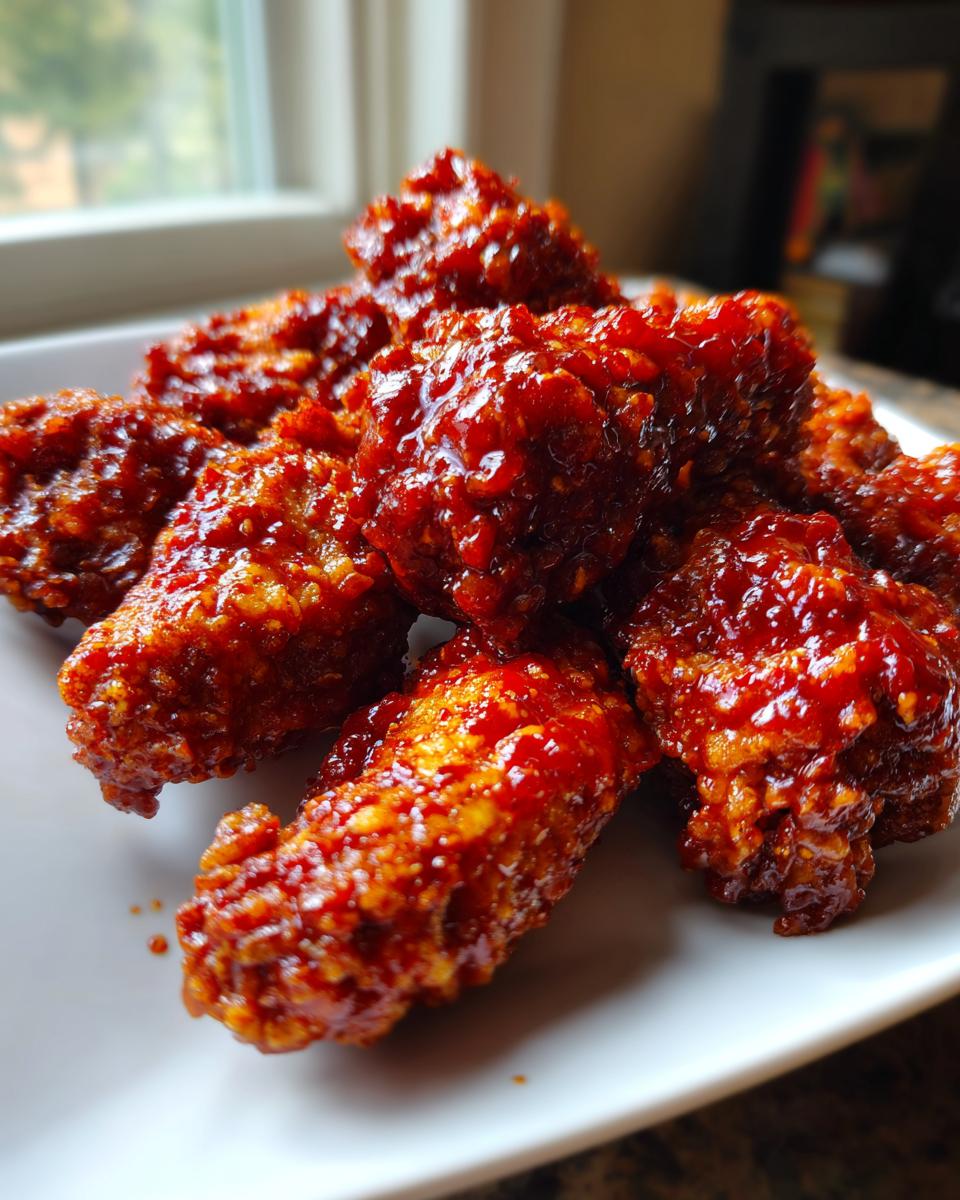 Close-up of crispy, glossy, red-glazed Korean fried chicken recipe wings piled on a white plate.