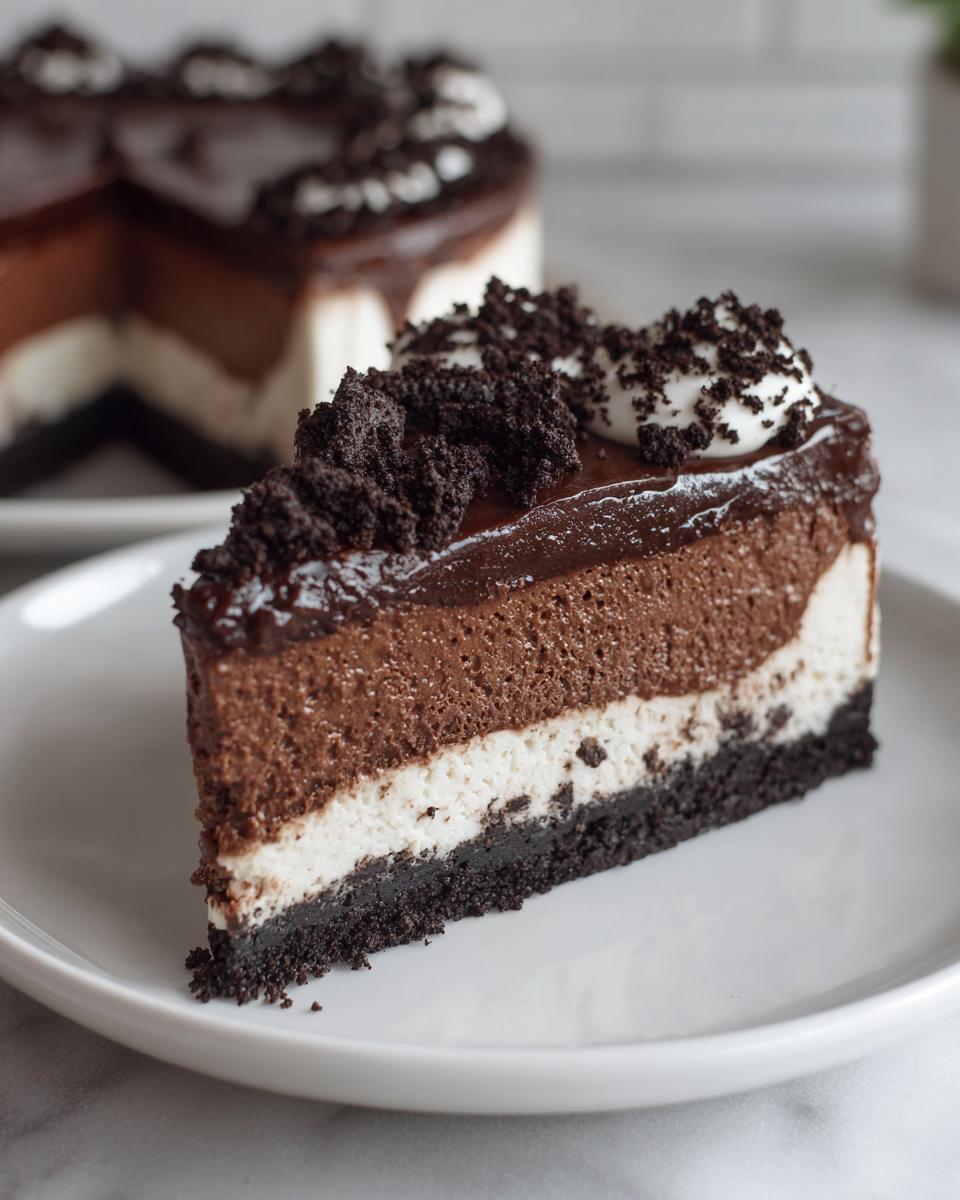 A decadent slice of layered chocolate cheesecake featuring a dark crust, white layer, and chocolate mousse layer, topped with ganache and cookie crumbles.