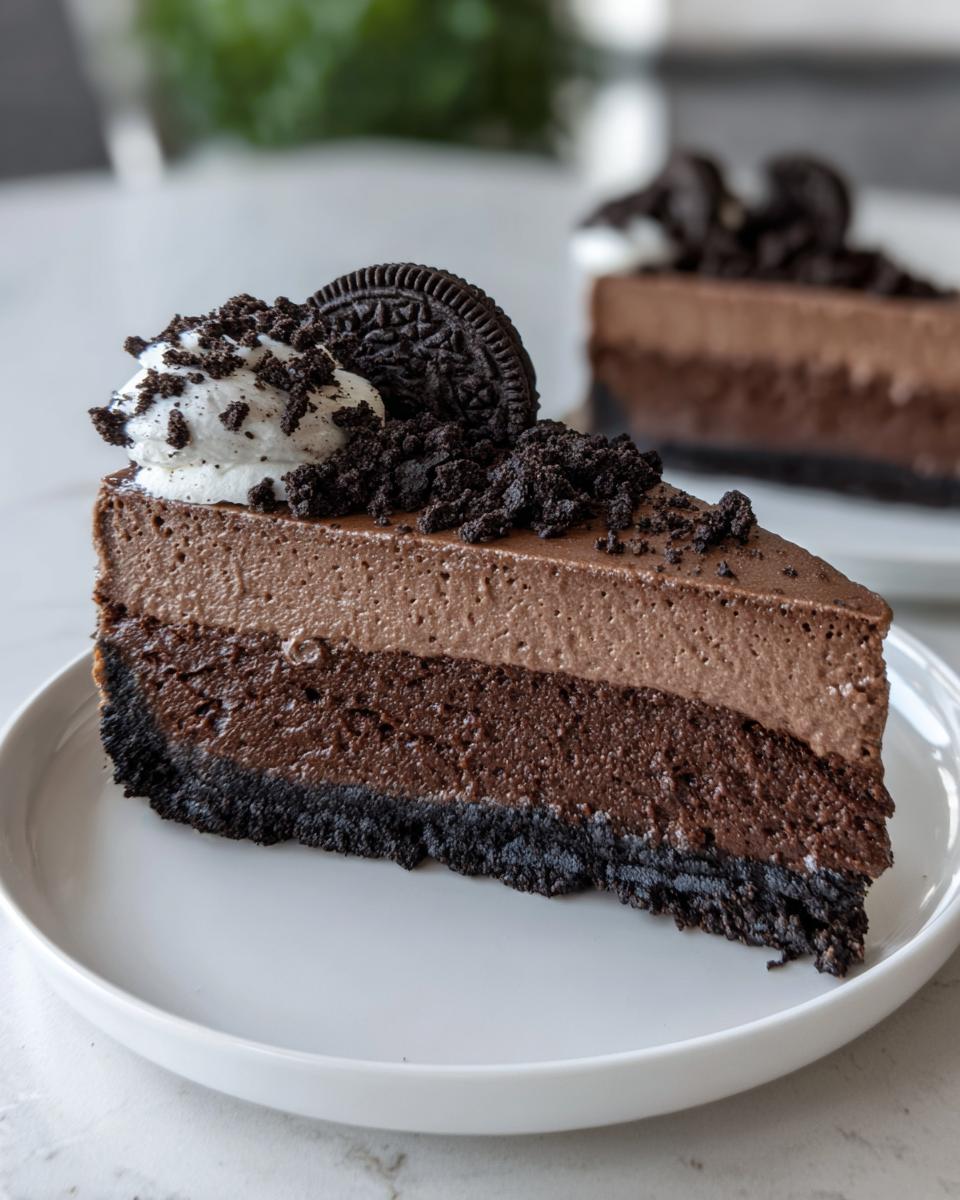 A rich slice of layered chocolate cheesecake topped with whipped cream, cookie crumbs, and a whole Oreo.
