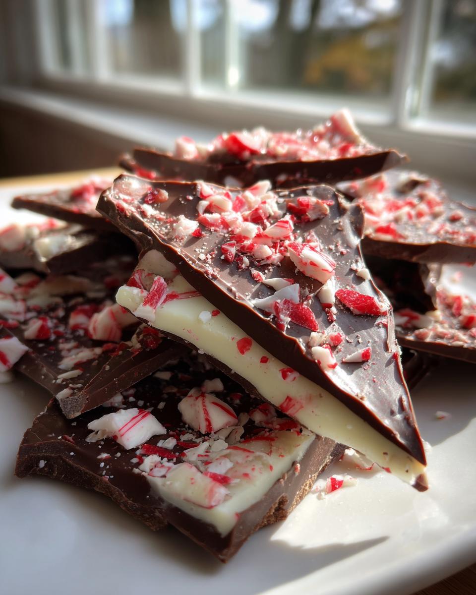 Close-up of broken pieces of layered peppermint bark, showing dark chocolate, white chocolate, and crushed candy canes.