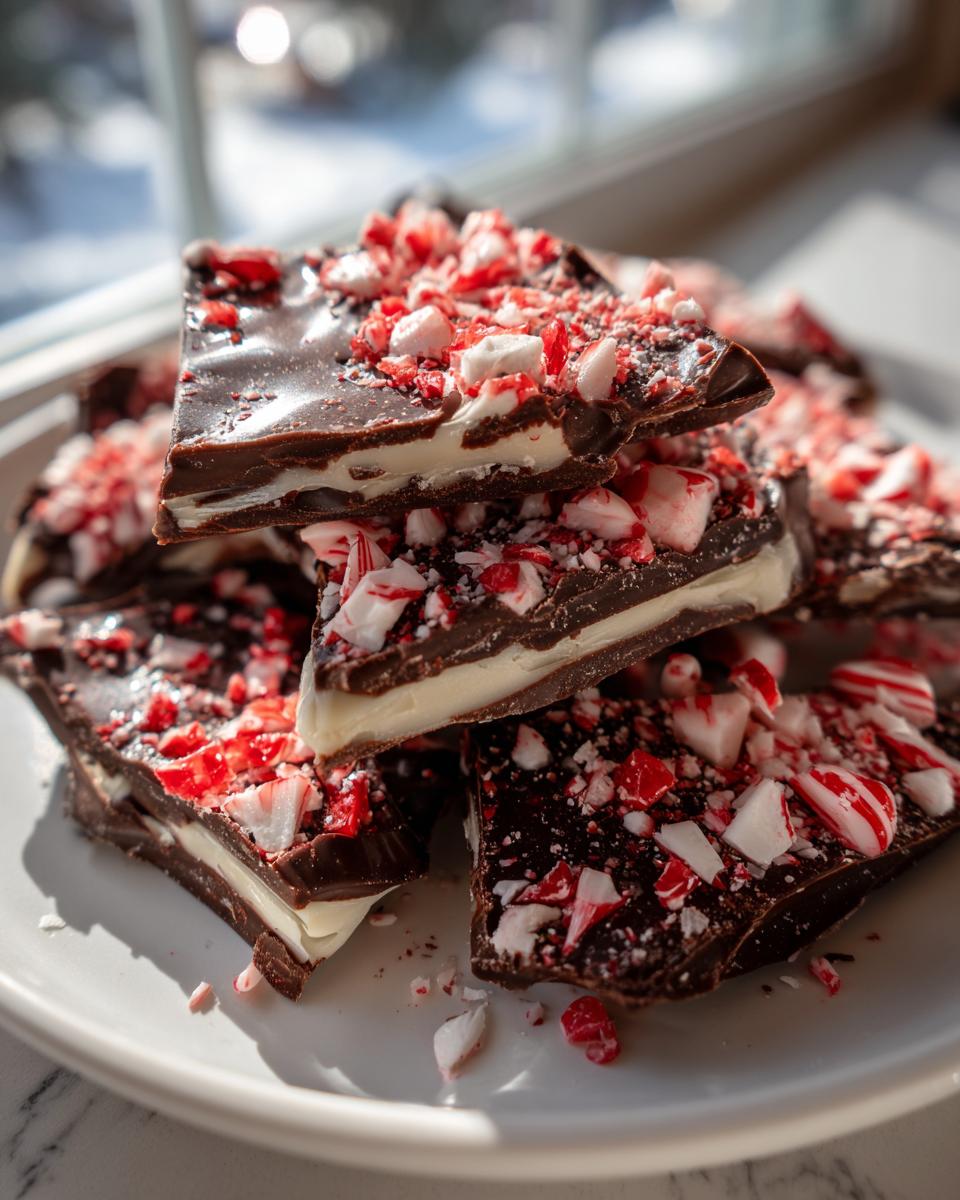 Stacked pieces of rich, dark chocolate and white chocolate peppermint bark topped with crushed candy canes.