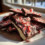 Close-up of layered peppermint bark pieces, featuring dark chocolate, white filling, and crushed candy canes, piled on a white plate.