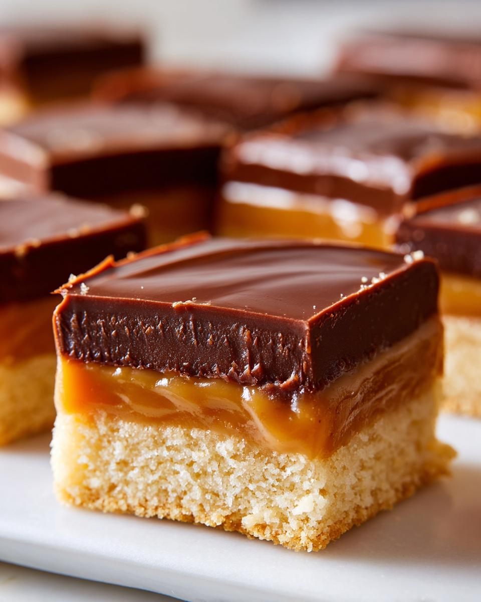 Close-up of a square twix cookies bar showing shortbread, caramel, and chocolate topping.