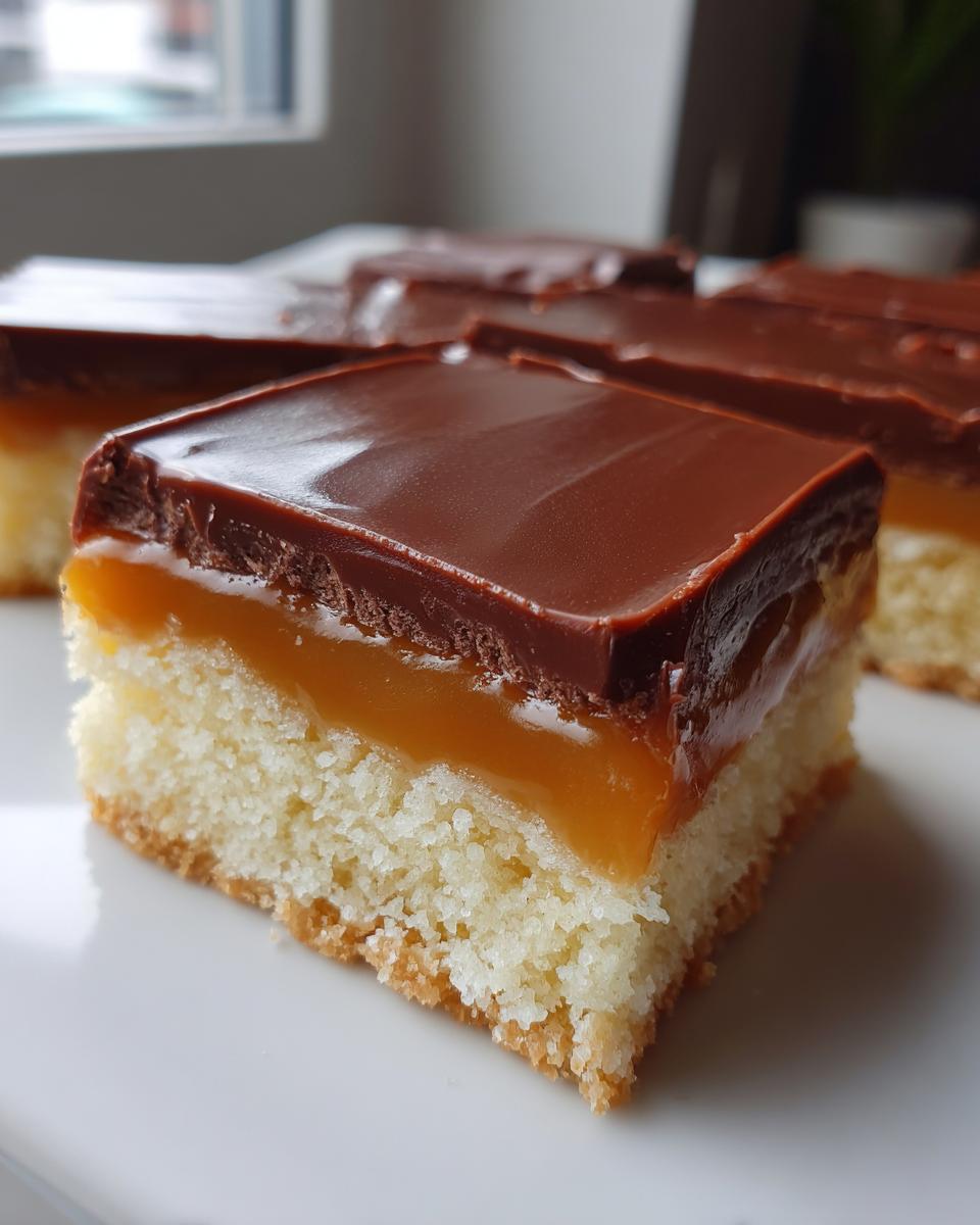 A single square slice of twix cookies bar showing a shortbread base, thick caramel layer, and chocolate topping.