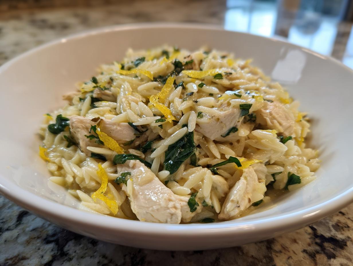 Close-up of a white bowl filled with creamy lemon chicken orzo, garnished with lemon zest and herbs.