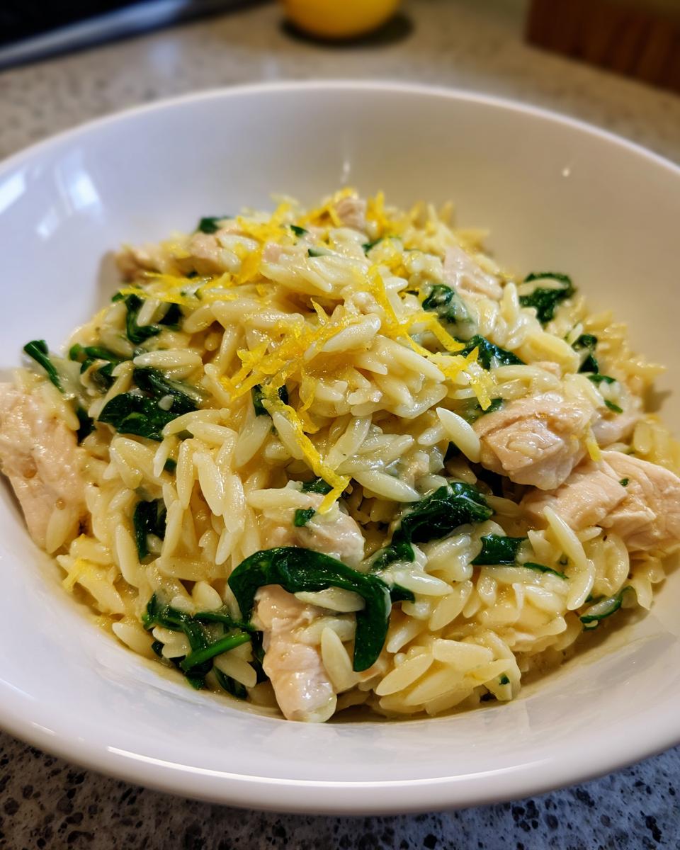 A close-up of creamy lemon chicken orzo mixed with wilted spinach and topped with bright lemon zest.