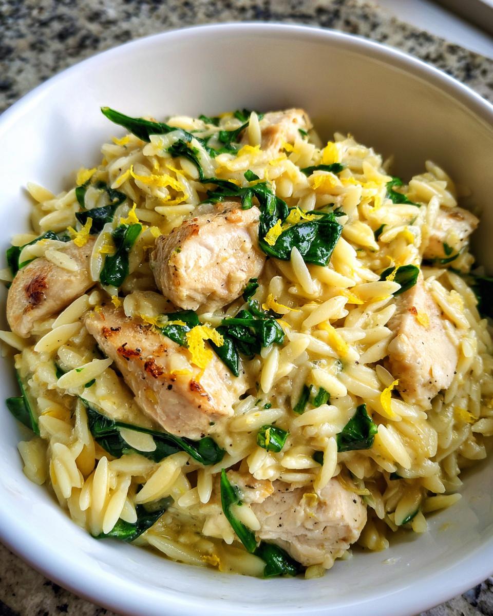 A white bowl filled with creamy lemon chicken orzo mixed with wilted spinach and topped with bright lemon zest.