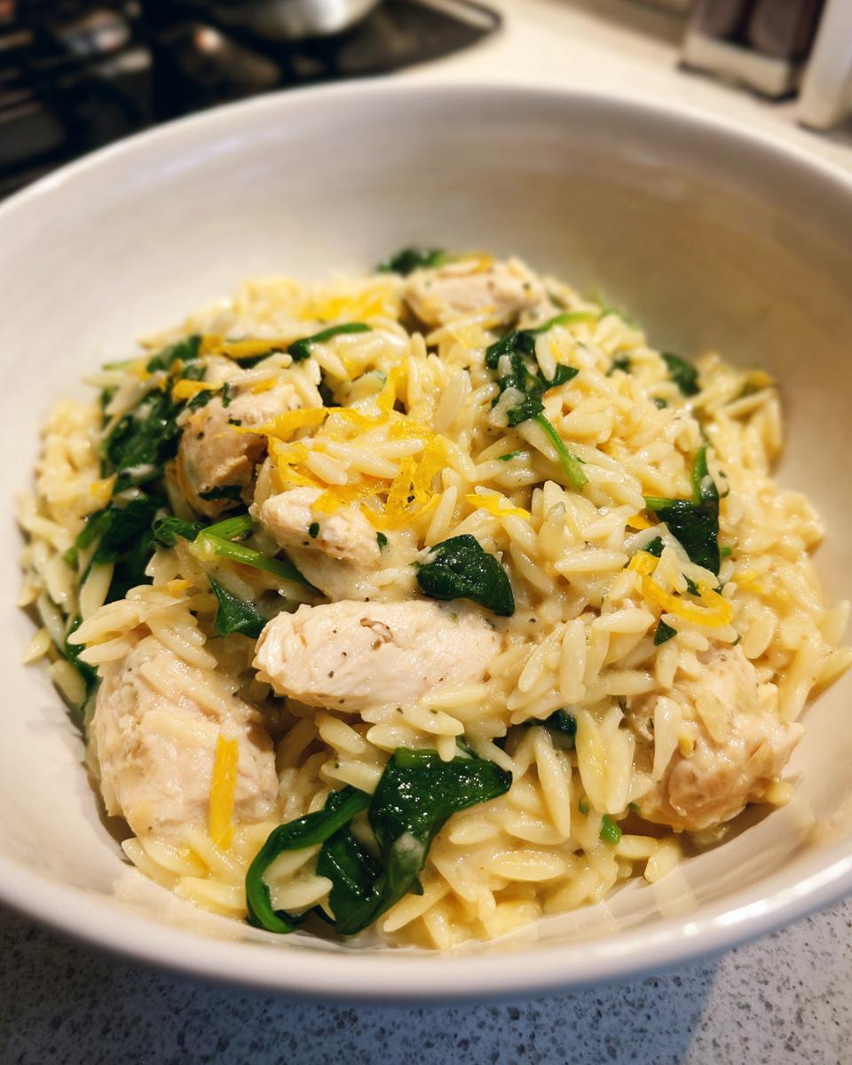 A close-up of a white bowl filled with creamy lemon chicken orzo mixed with wilted spinach and topped with lemon zest.