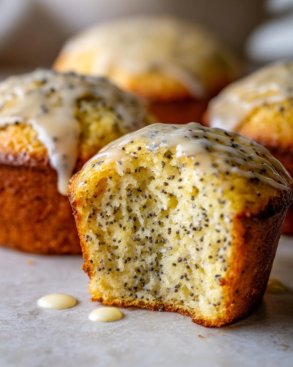 A close-up view of a lemon poppy seed muffin with a bite taken out, showing the moist interior packed with poppy seeds and topped with a thick lemon glaze.
