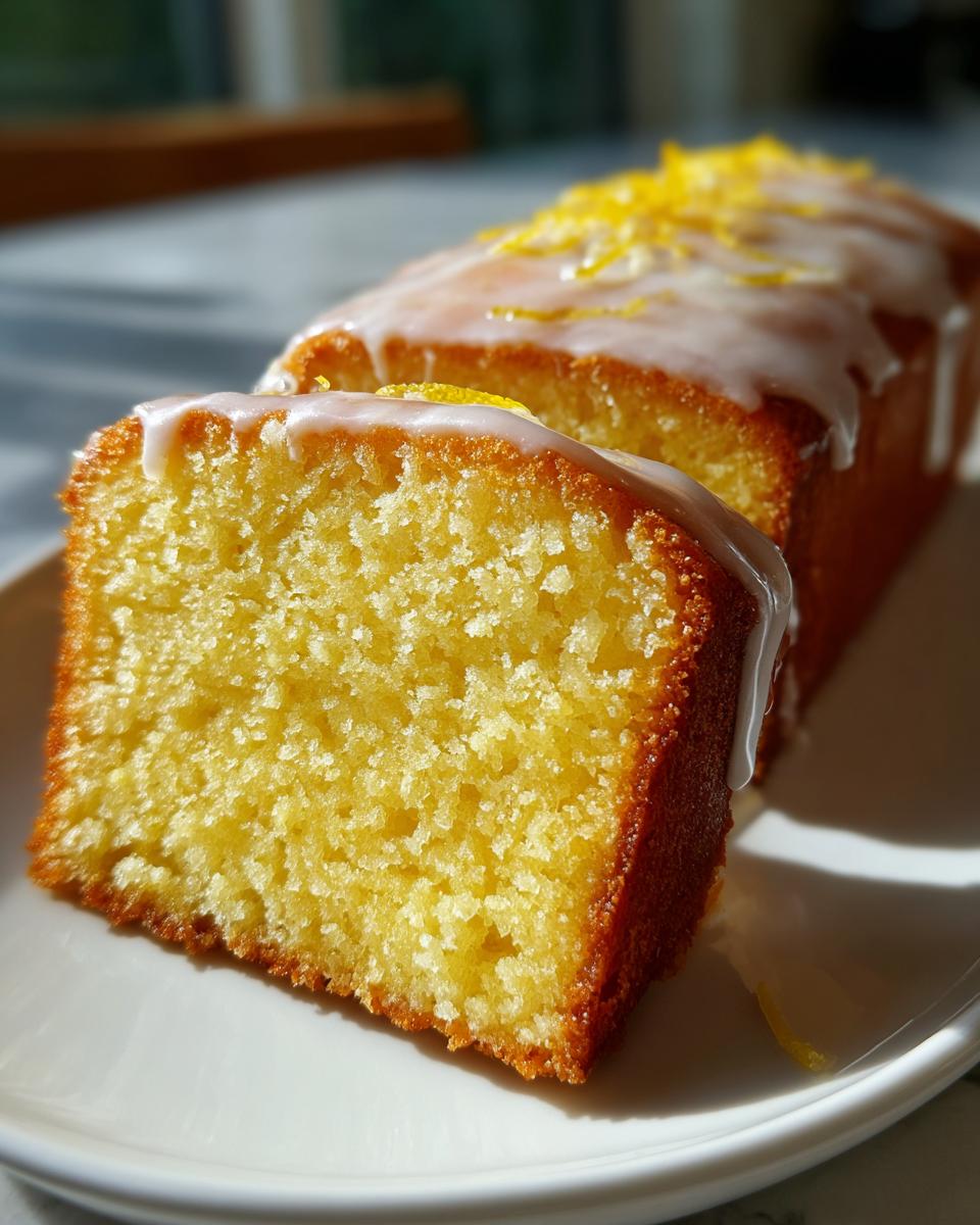 Close-up of a slice of moist lemon pound cake with a thick white glaze and lemon zest topping.