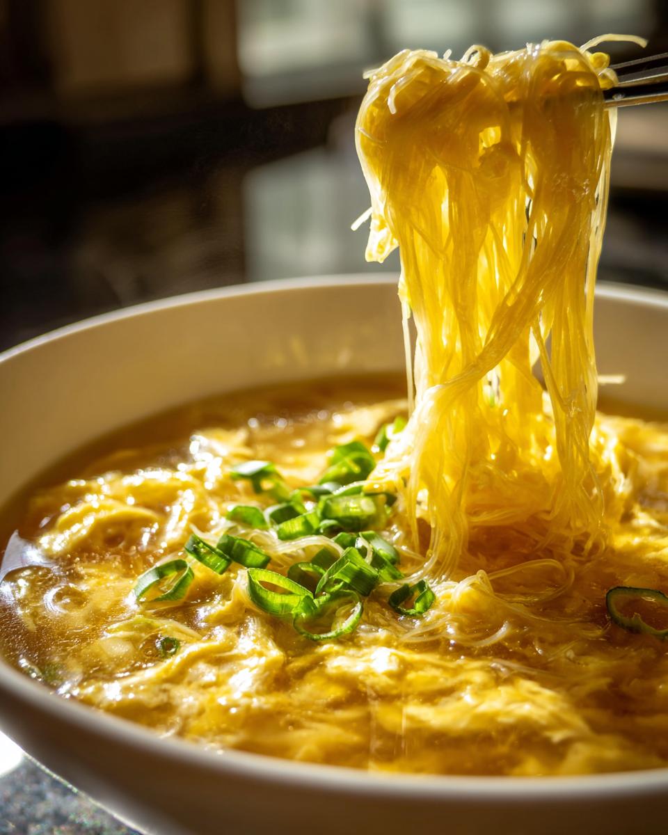 Chopsticks lifting thin yellow noodles from a bowl of hot egg drop soup topped with sliced green onions.