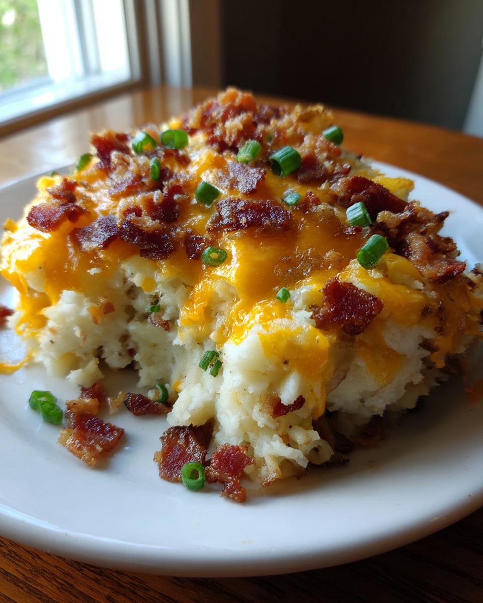 A close-up serving of creamy potato casserole topped with melted cheddar cheese, crispy bacon, and green onions.