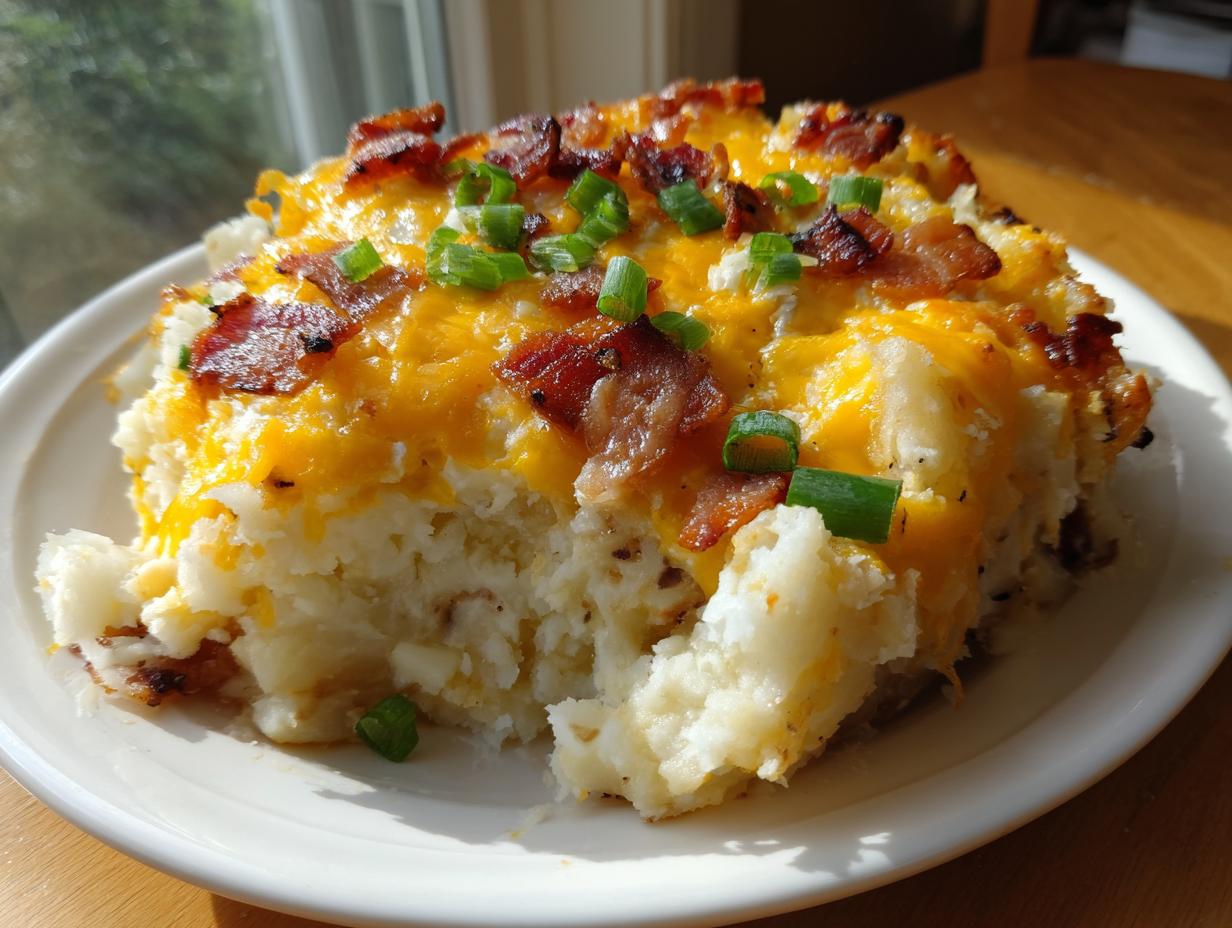 A generous serving of loaded potato casserole topped with melted cheddar cheese, crispy bacon, and fresh green onions.