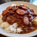 Close-up of a bowl filled with white rice topped generously with rich, savory red beans and rice and slices of smoked sausage.