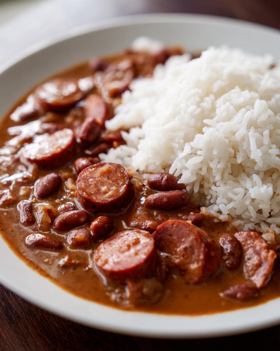 Close-up of a bowl of Louisiana red beans and rice featuring sliced smoked sausage.