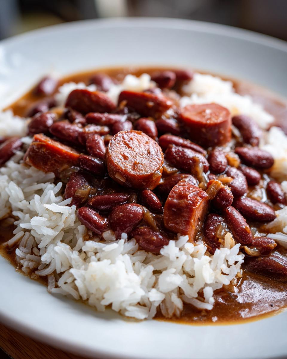 Close-up of a hearty serving of Louisiana red beans and rice topped with sliced smoked sausage.