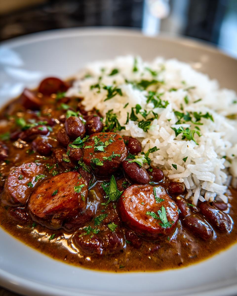 A close-up, appetizing shot of Louisiana red beans and rice served with thick slices of andouille sausage, garnished with parsley.