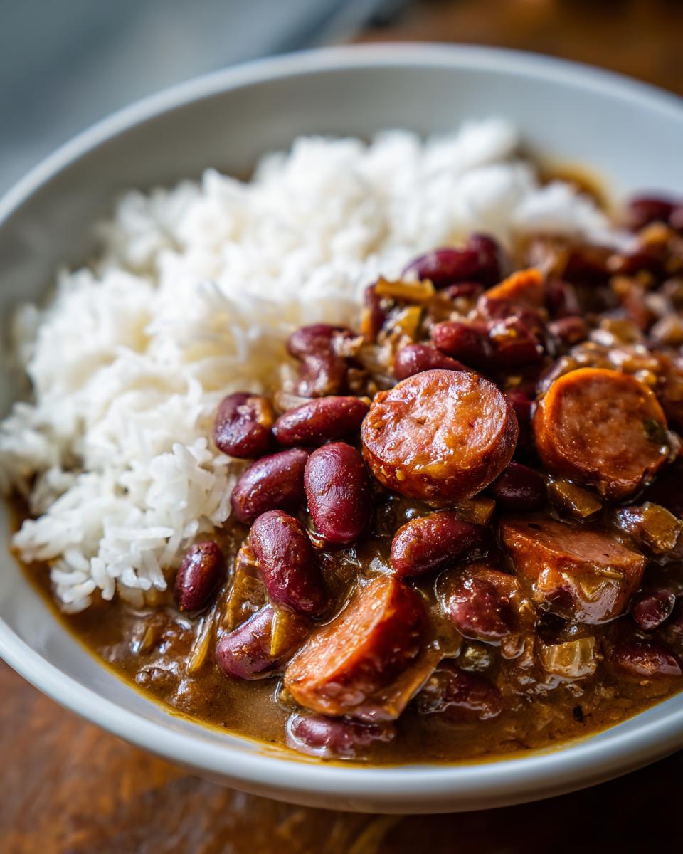 A close-up of a bowl of rich Louisiana red beans and rice topped with sliced smoked sausage.